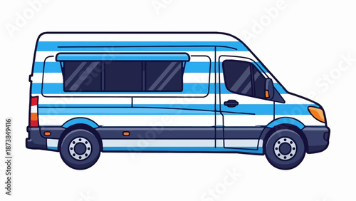 Cartoon van with blue and white horizontal stripes, tinted windows