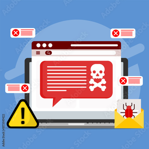 Cybersecurity alert illustration showing data breach warning, locked files, and system risk on a computer screen. Representing malware attack, data protection, privacy threat, and digital security.