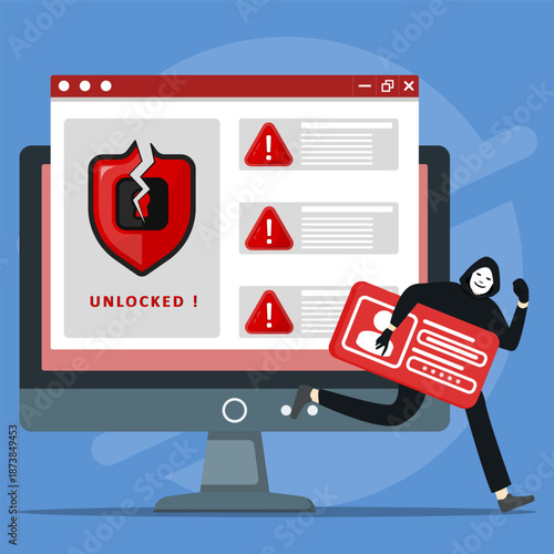 Cybersecurity breach illustration showing hacker stealing data from an unlocked system, warning alerts on screen. Symbolizing cybercrime, identity theft, hacking attack and digital security failure
