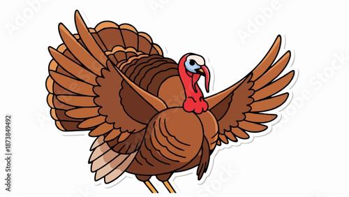 Cartoon turkey bird with fanned out tail and spread wings