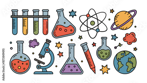 Science Icon Set: A vibrant collection of science icons, including test tubes, flasks, a microscope, an atom model, and a planet, set against a clean background.