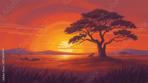 African savanna sunset with acacia tree and distant mountains sunrise