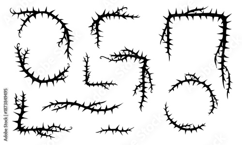 Thorn vine frames and borders vector set. Black twisted thorn branches, barbed stems, creepy patterns. Isolated design elements for tattoos, gothic art, religious symbols.