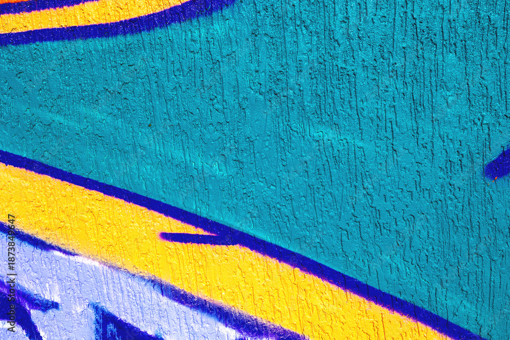 Fototapeta premium Abstract graffiti with turquoise, yellow, purple colors on textured wall. Urban street art style with vibrant color blocks, bold lines. Posters, background, digital art, creative banner
