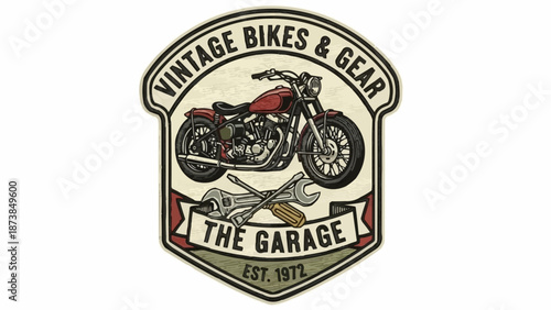 Vintage Motorcycle Garage Emblem with Tools and Text.