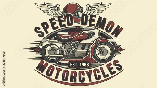 Vintage Motorcycle Speed Demon Emblem with Wings and Helmet.