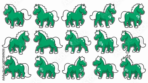 Fifteen pixel art green horses with white manes and tails and astrological symbols