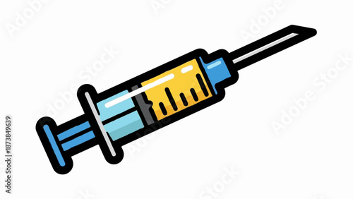 Cartoon syringe with yellow liquid, blue plunger, and needle