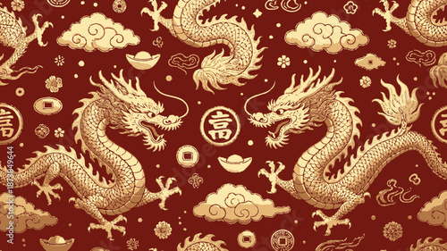 Golden dragons and chinese coins on red background for luxury asian new year celebration decoration with Chinese New Year and Luxury decoration and Asian culture