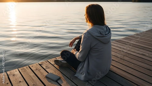 Serene woman relaxing on a wooden dock by calm lake at sunset