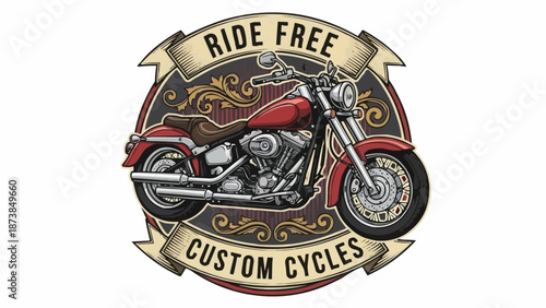 Vintage Motorcycle Emblem with Ride Free Custom Cycles Text.