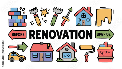 Renovation concept: A visually compelling illustration depicting the process of renovation, featuring a range of tools, buildings.