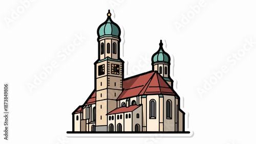 Cartoon style illustration of a historical European church with two green domes, a tall clock tower, and red roofs