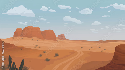 Desert landscape with rock formations, cacti, and tire tracks arid sand