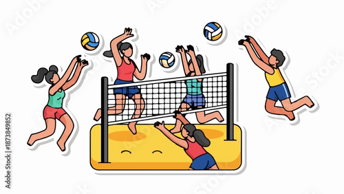 Cartoon style depiction of a beach volleyball game with five players and two balls