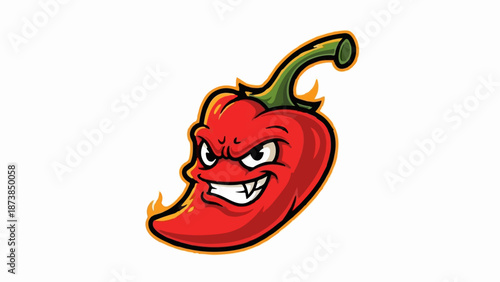 Fierce red chili pepper with a mischievous grin and flames