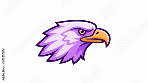 Fierce purple eagle head with striking yellow eye and orange beak