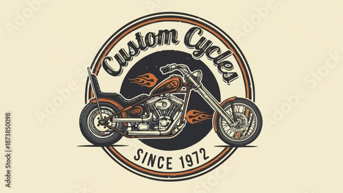 Vintage Custom Motorcycle Emblem with Flames and Text.
