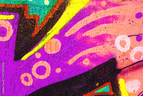 Abstract neon purple, pink, yellow graffiti mural with vibrant shapes, circles, lines. Urban 90s, acid style, fluorescent colors, bold graphic. Street art, wall texture, creative banner, digital art