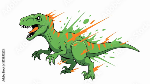 Green dinosaur with orange accents and green/orange streaks moving fast