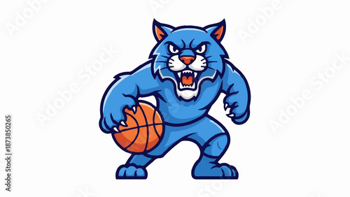 Fierce blue cat character holding a basketball, ready for game