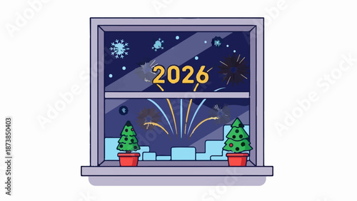 Festive window displays two potted Christmas trees, celebrating New Year 2026 with fireworks and snowflakes
