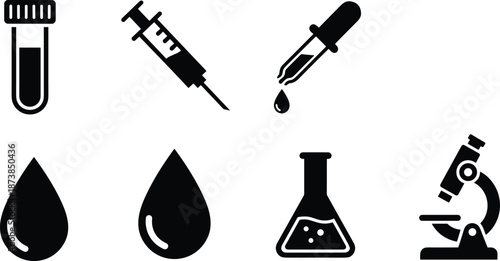 Medical lab icons including test tube, syringe, dropper, blood drops, flask, and microscope in bold black silhouette vector illustration