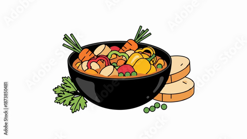 Hearty vegetable stew in a black bowl with bread slices and peas