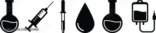Bold medical and laboratory icons including syringe, dropper, blood drop, IV bag, and flasks in clean black silhouette vector style