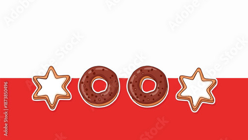 Festive treats chocolate donuts and star-shaped cookies on a red and white background