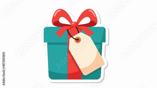 Festive teal gift box with a vibrant red ribbon and a blank tag