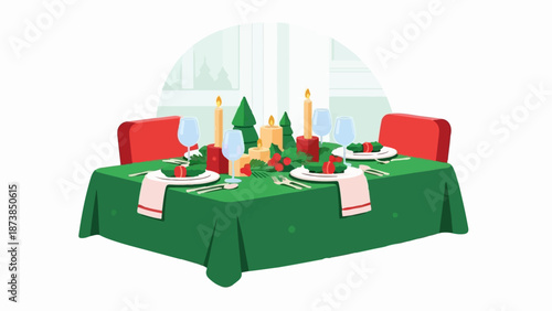 Festive table setting with candles, mini trees, and place settings