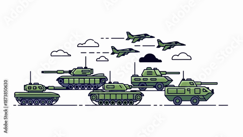 Green military tanks and jets fly in formation under scattered clouds