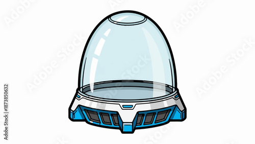 Futuristic transparent capsule with metallic base on white background