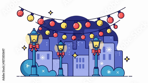 Festive streetlights adorned with bows illuminate a city skyline under a starry, moonlit sky