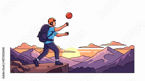 Hiker catches a ball in a mountainous landscape at sunset