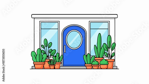 Flat design illustration of a building entrance with potted plants