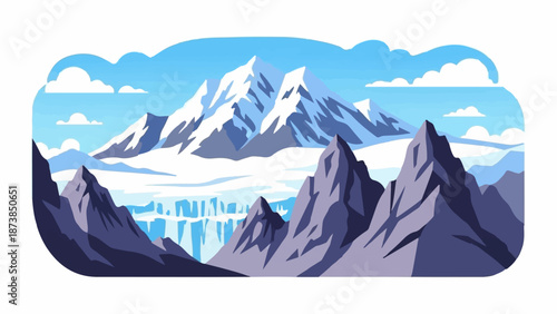Majestic snow-capped mountains rise above a vast, icy glacier under a bright blue sky with clouds