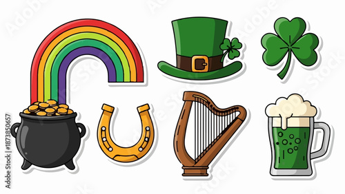 Festive St. Patrick's Day icons rainbow, pot of gold, hat, clover, harp, horseshoe, beer