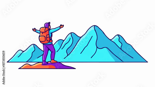 Hiker celebrates reaching mountain summit with arms outstretched against a blue, stylized mountain range