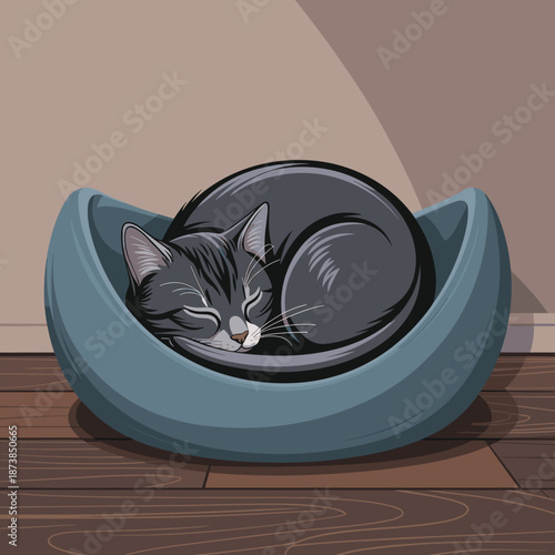 Gray tabby cat sleeping soundly curled up in a tight circle inside a soft blue pet bed on a dark wooden floor at home.