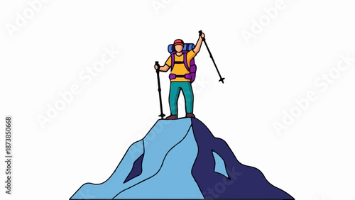 Hiker celebrates reaching the summit of a snowy mountain with trekking poles