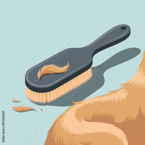 Professional hair brush removes loose golden fur from a pet dog during a grooming session against a soft blue background.