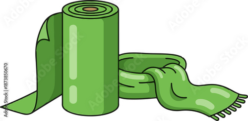 Green rolled textile beside a loosely folded scarf