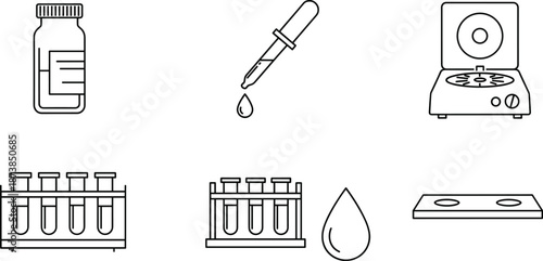 Laboratory line art icons with test tubes, dropper, reagent bottle, centrifuge, slides, and medical science equipment in clean vector style