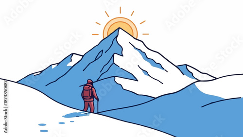 Hiker gazes at a majestic snowy mountain peak under a radiant sun