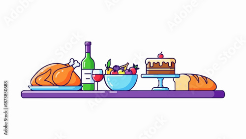 Festive spread with roasted fowl, wine, fruit, cake, and bread on a shelf