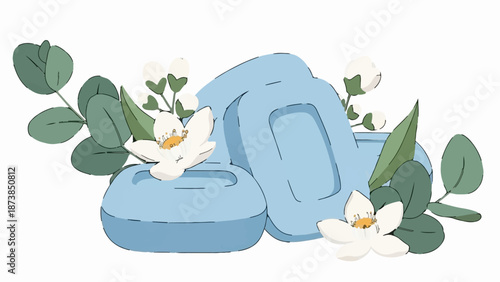 Gentle blue soap bars adorned with white blossoms and eucalyptus leaves