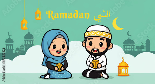 A colorful cartoon of hijab woman and peci man hanging Ramadan decorations together