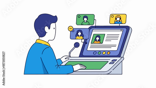 Man at podium engaging in video conference with multiple participants, presenting information